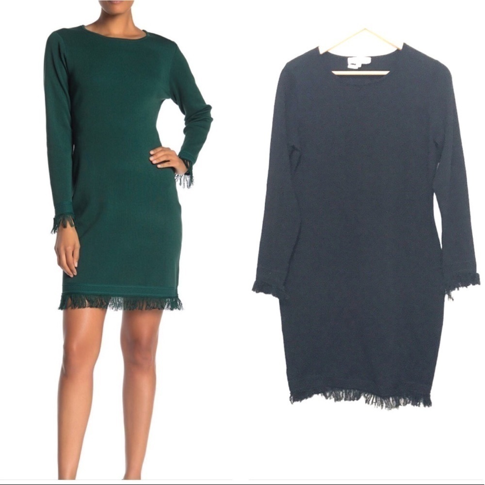 NANETTE LEPORE Long Sleeve Frayed Trim Dress Size Large Black